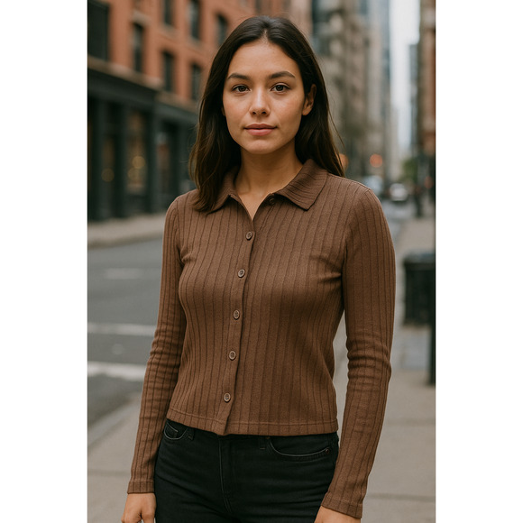 Bobi Los Angelos rib knit button up shirt size small Brown business casual - Picture 1 of 9